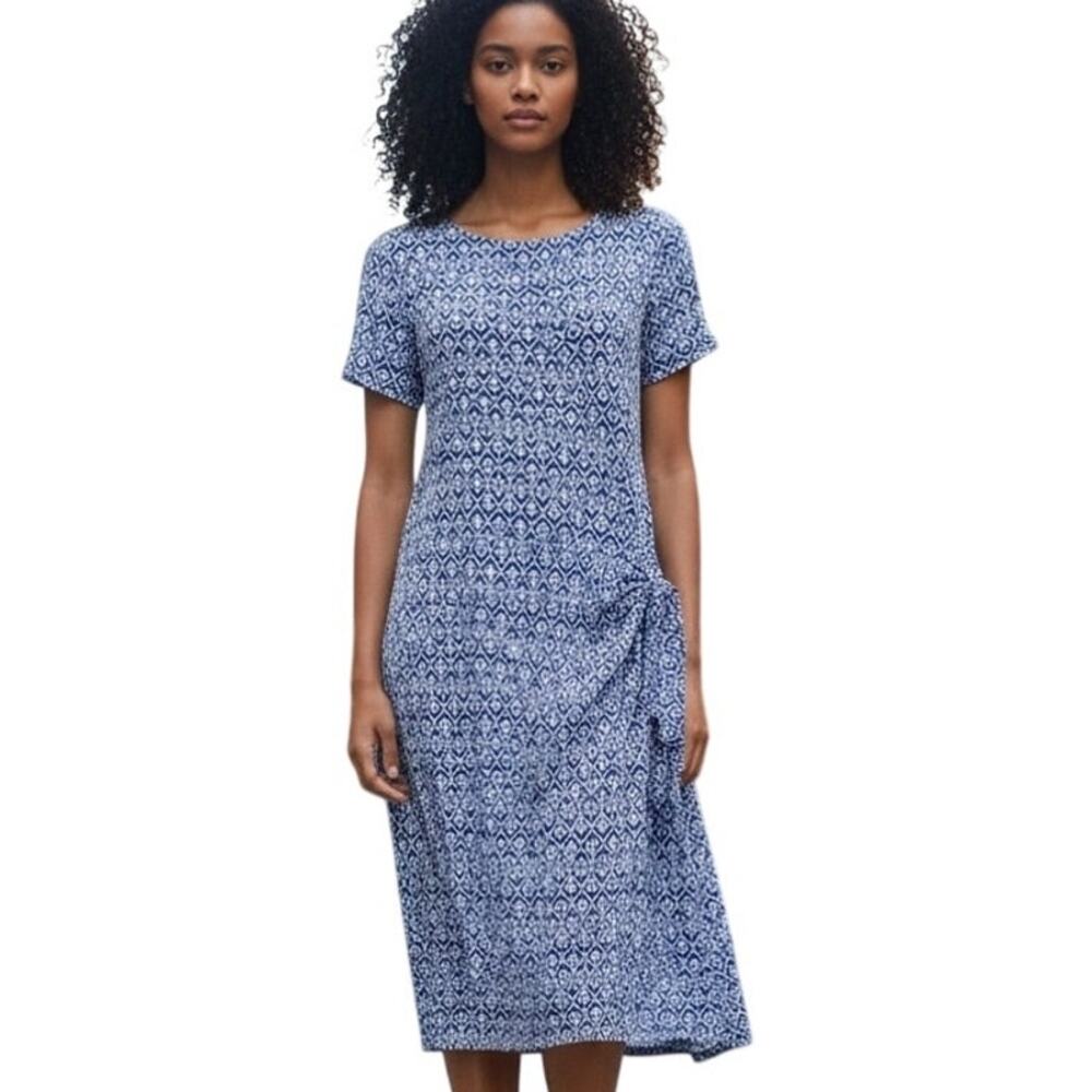 Talbots Knot Front Midi Dress Womens Size XL Blue White Geo Short Sleeve Career